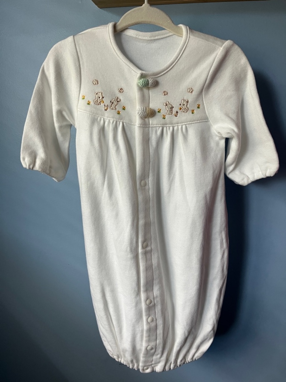 White Baby Sleep Gown with Embroidered Bunnies